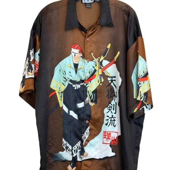 Great General Men's Samurai Swordsman Short Sleeve Shirt Brown Black Size L - Picture 3 of 6